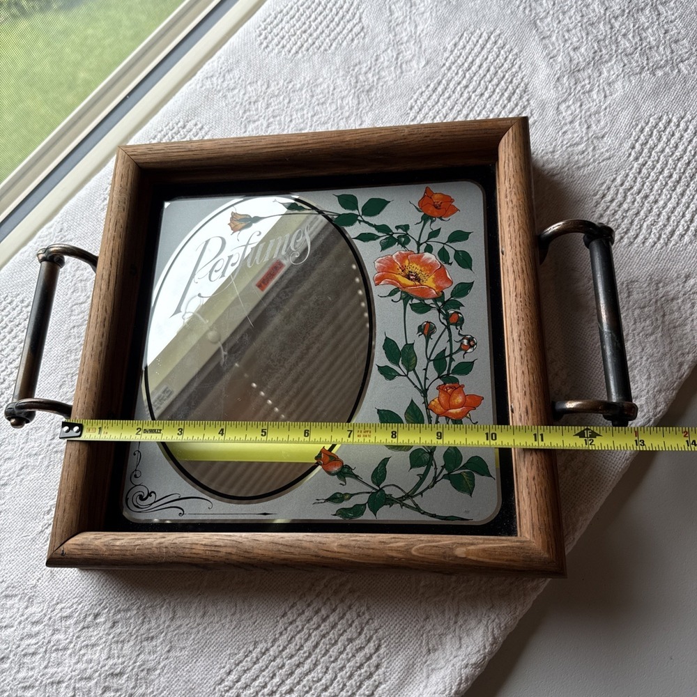 Vintage Hensley Company Perfumes Roses Mirror Tray with Handles Wood Frame - Picture 6 of 10